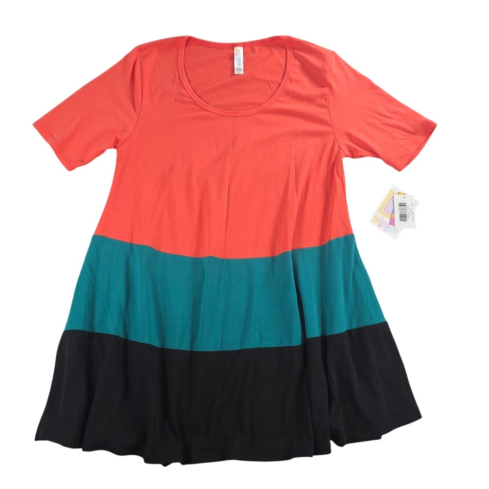 LuLaRoe Women XXS Coral Teal Black Colorblock‎ Perfect T Tunic Short Sleeve Top